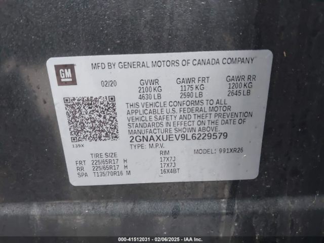 2GNAXUEV9L6229579 Chevrolet Equinox Awd Lt 1.5l Turbo