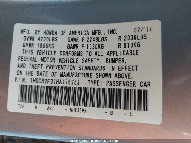Honda ACCORD LX 2017 1HGCR2F31HA176255 Image 9