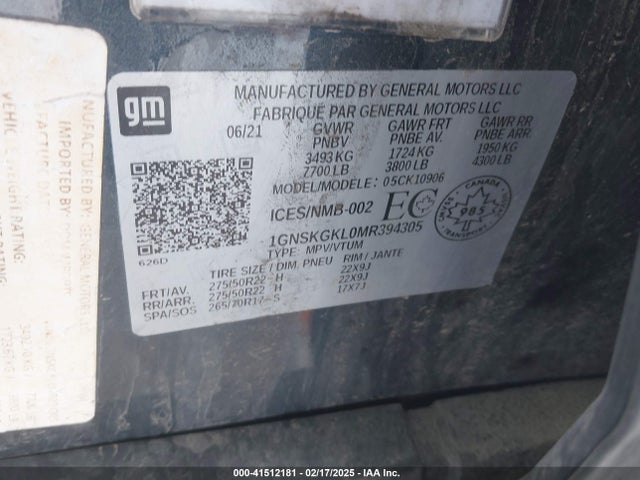 1GNSKGKL0MR394305 Chevrolet Suburban 4wd High Country