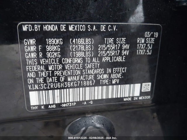 3CZRU6H36KG718867 Honda HR-V LX