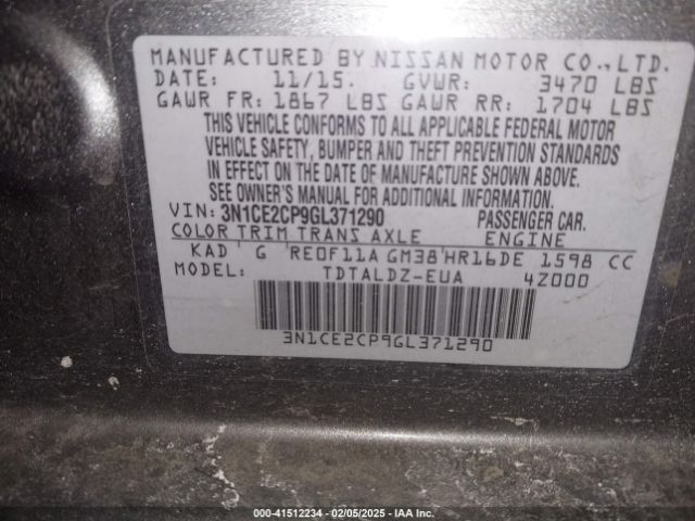 3N1CE2CP9GL371290 Nissan Versa Note Sv