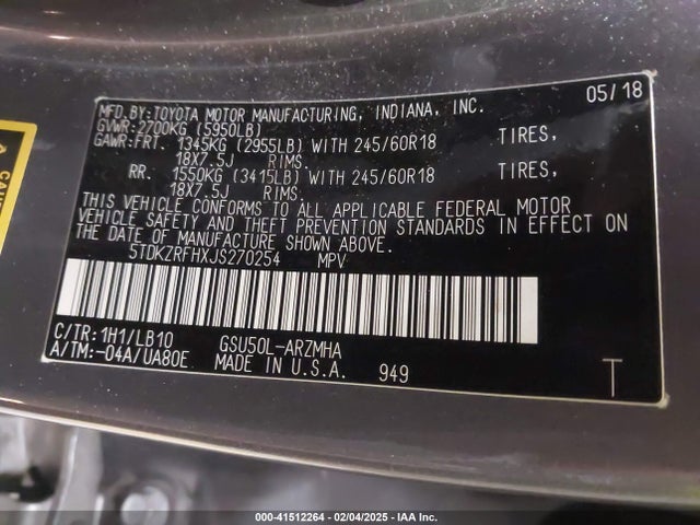 5TDKZRFHXJS270254 Toyota Highlander Xle