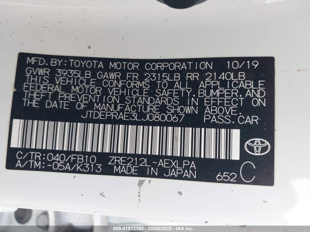 JTDEPRAE3LJ080067 Toyota COROLLA LE