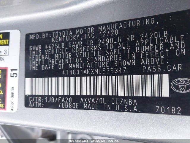 4T1C11AKXMU539347 Toyota CAMRY LE