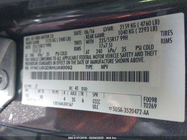 Ford ESCAPE SE 2017 1FMCU9GD8HUA90092 Image 9