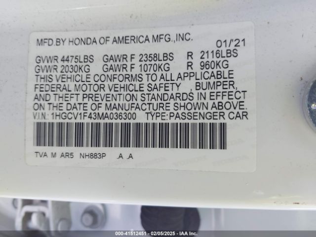 1HGCV1F43MA036300 Honda Accord Sport Special Edition
