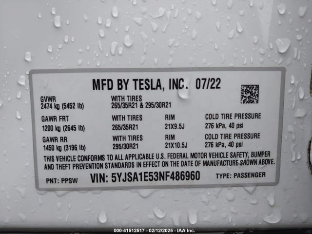 Aukcja sprzedaży 2022 Tesla Model S Dual Motor All-wheel Drive, vin: 5YJSA1E53NF486960, numer aukcji: 41512517