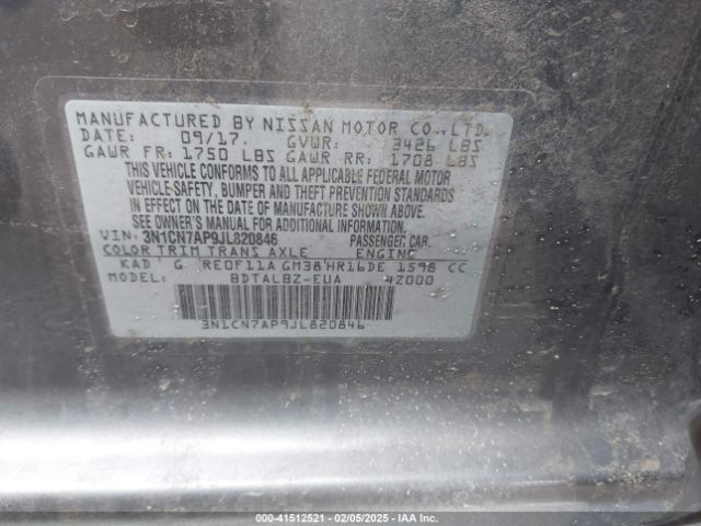 3N1CN7AP9JL820846 Nissan Versa 1.6 Sv