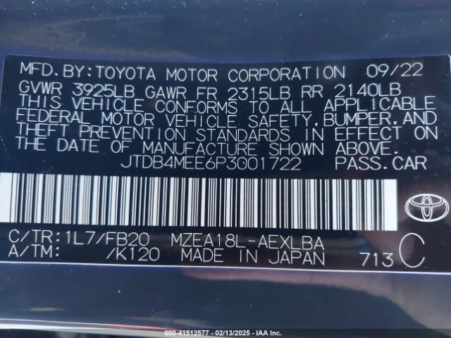 JTDB4MEE6P3001722 Toyota COROLLA LE