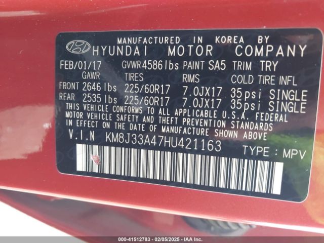 KM8J33A47HU421163 Hyundai Tucson Se Plus