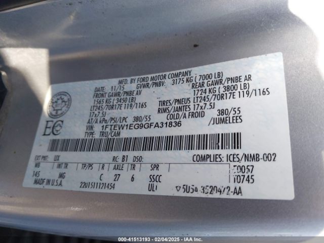 1FTEW1EG9GFA31836 Ford F150 Supercrew