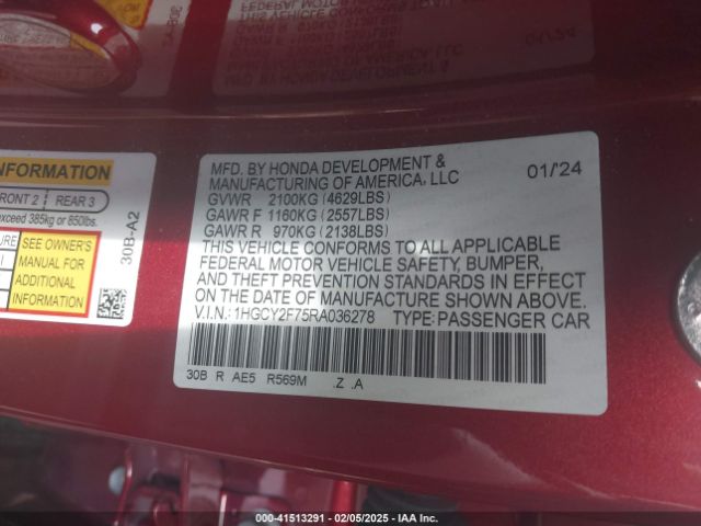 1HGCY2F75RA036278 Honda Accord Hybrid Sport-l