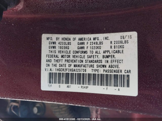 1HGCR2F3XGA025736 Honda k24w1