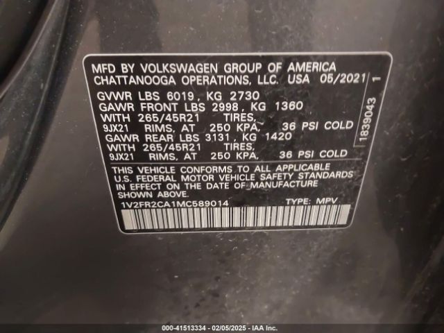1V2FR2CA1MC589014 Volkswagen Atlas 3.6l V6 Sel Premium R-line