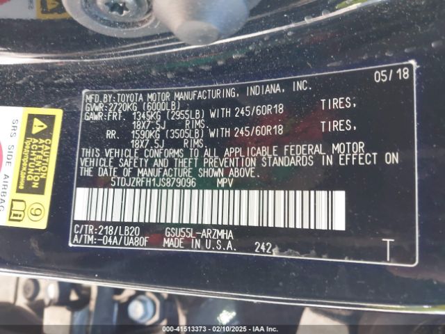 5TDJZRFH1JS879096 Toyota Highlander Xle