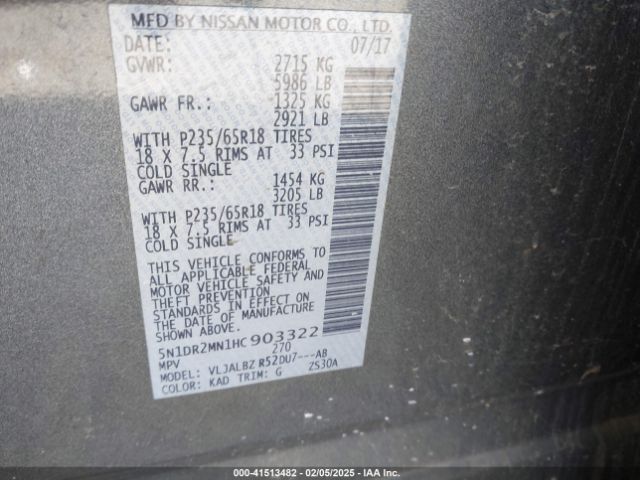5N1DR2MN1HC903322 Nissan Pathfinder S