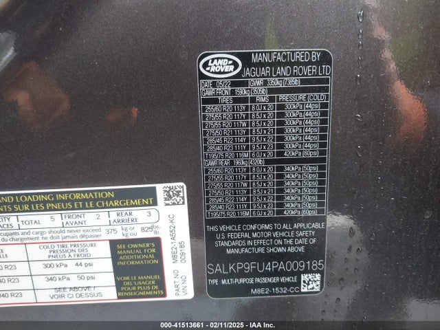 SALKP9FU4PA009185 Land Rover aj120p6h