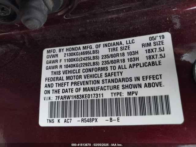 7FARW1H83KE017311 Honda Cr-v Ex-l