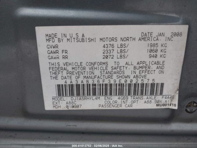 2009 MITSUBISHI GALANT 4A3AB36F39E002575 Photo 8
