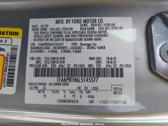 1FA6P8TH6L5145577 Ford Mustang Ecoboost Fastback