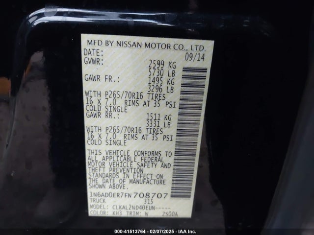 1N6AD0ER7FN708707 Nissan Frontier Sv