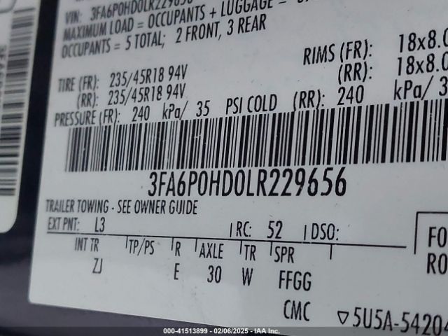 3FA6P0HD0LR229656 Ford FUSION SE