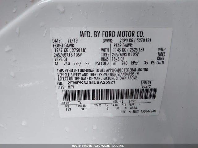 Ford EDGE SEL 2020 2FMPK3J95LBA25921 Image 9