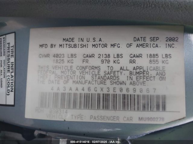 2003 MITSUBISHI GALANT 4A3AA46GX3E069067 Photo 8