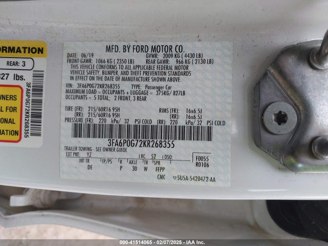 Ford FUSION S 2019 3FA6P0G72KR268355 Image 9