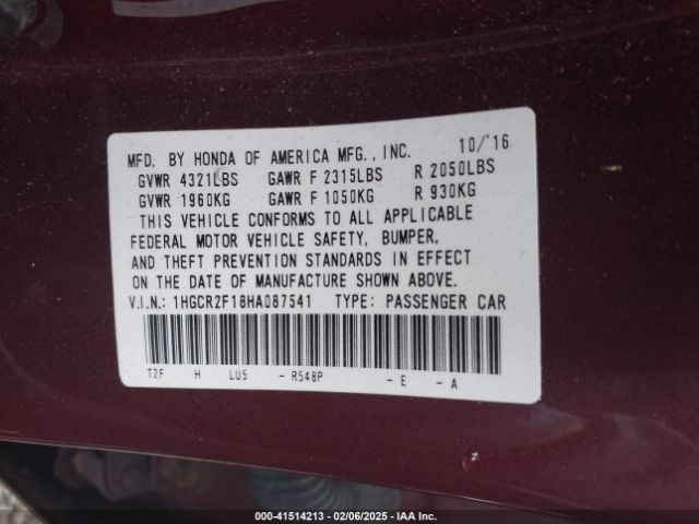1HGCR2F18HA087541 Honda Accord Sport Se