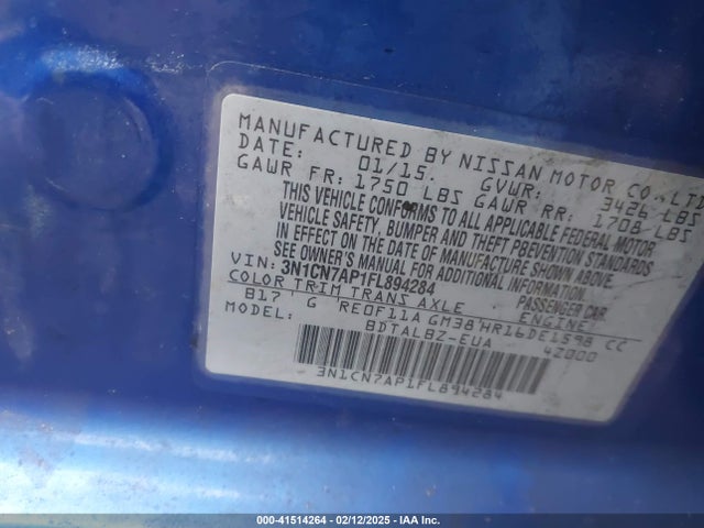 3N1CN7AP1FL894284 Nissan Versa 1.6 Sv