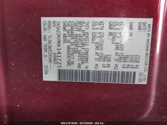 5N1AZ2MJ9KN141725 Nissan Murano Platinum