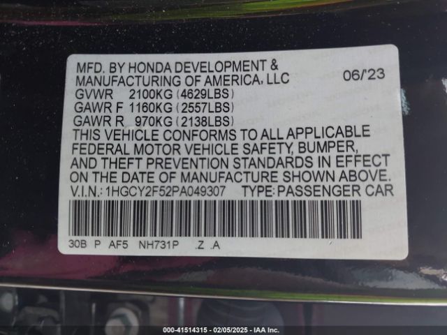 1HGCY2F52PA049307 Honda Accord Hybrid Sport
