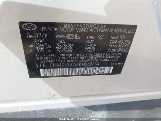 2019 HYUNDAI SANTA FE 5NMS53AA3KH068864 Photo 8