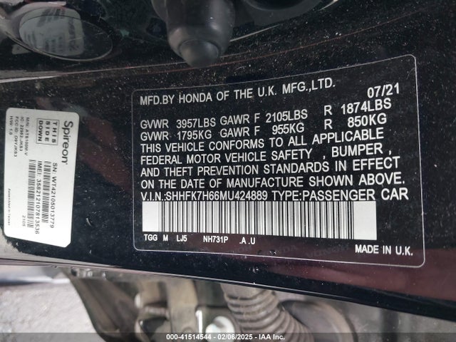 SHHFK7H66MU424889 Honda CIVIC EX