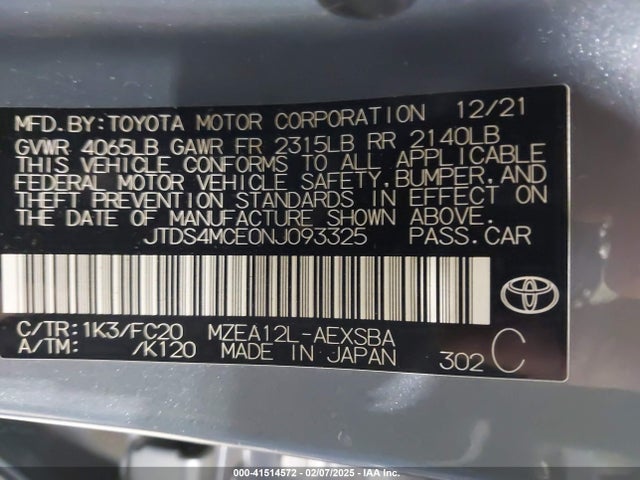 JTDS4MCE0NJ093325 Toyota COROLLA SE