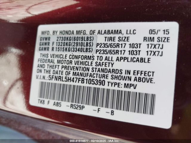 5FNRL5H47FB105390 Honda ODYSSEY EX