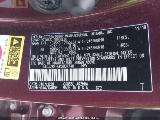 5TDJZRFH6KS937740 Toyota Highlander Xle
