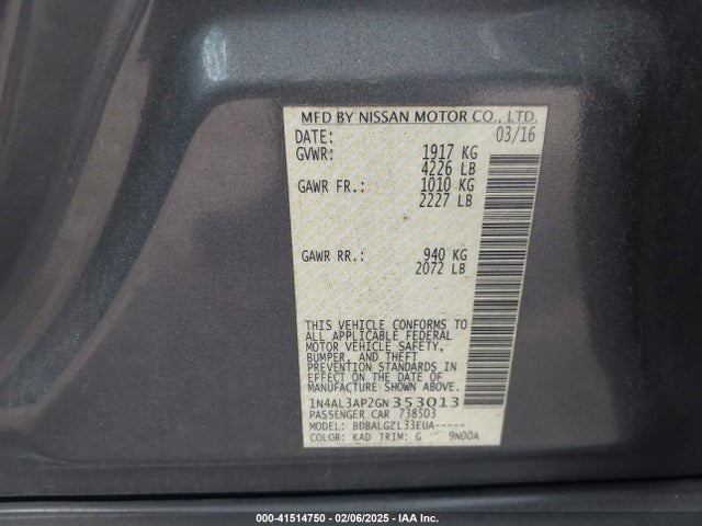 1N4AL3AP2GN353013 Nissan Altima 2.5/2.5 S/2.5 Sl/2.5 Sr/2.5 Sv