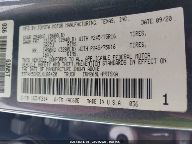 2020 TOYOTA TACOMA 5TFAX5GN2LX188420 Photo 8
