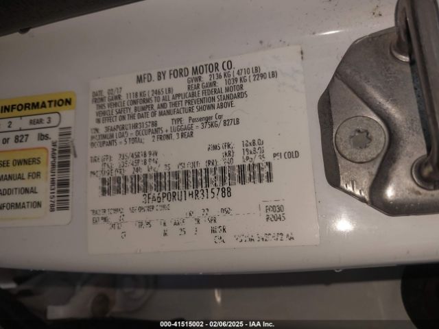 3FA6P0RU1HR315788 Ford Fusion Hybrid Titanium