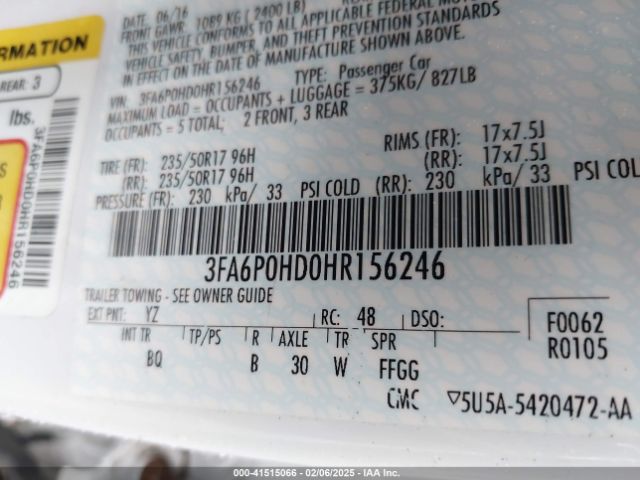 3FA6P0HD0HR156246 Ford FUSION SE