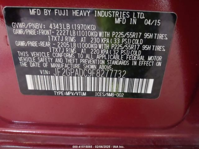 JF2GPADC9F8277732 Subaru Xv Crosstrek 2.0i Premium