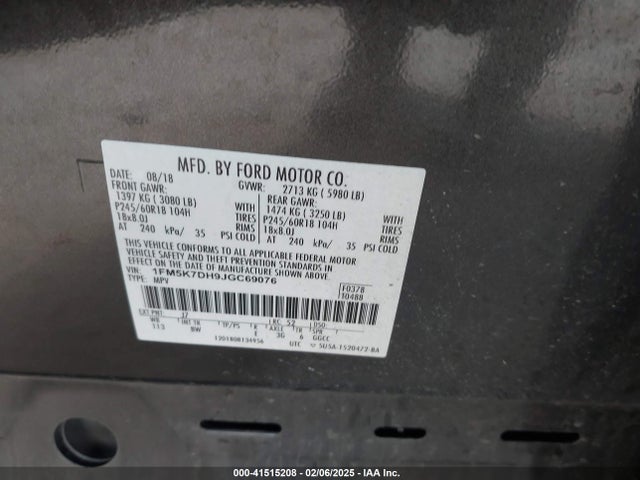1FM5K7DH9JGC69076 Ford EXPLORER XLT