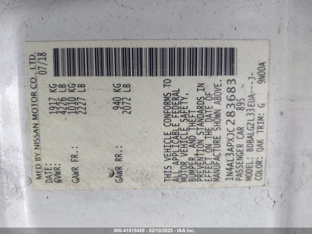 1N4AL3APXJC283683 Nissan Altima 2.5 S