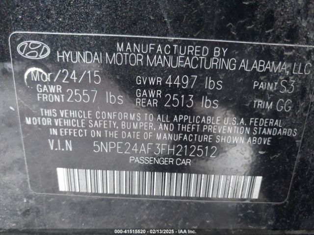 5NPE24AF3FH212512 Hyundai SONATA SE