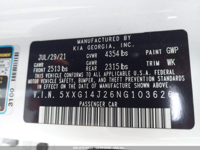 5XXG14J26NG103626 KIA K5 LXS