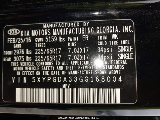 5XYPGDA33GG168004 KIA Sorento 2.4l Lx