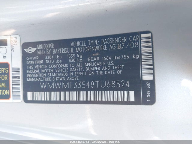 2008 MINI COOPER WMWMF33548TU68524 Photo 8