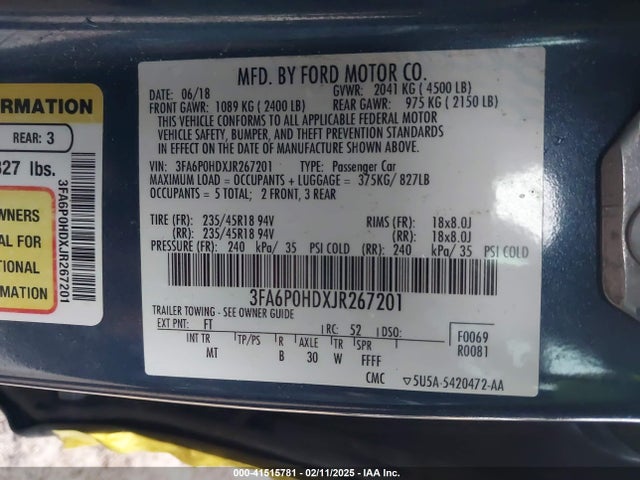Ford FUSION SE 2018 3FA6P0HDXJR267201 Image 9
